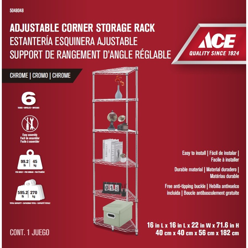 ACE 16x16x22x72" Adjustable Chrome Triangular Corner Shelving