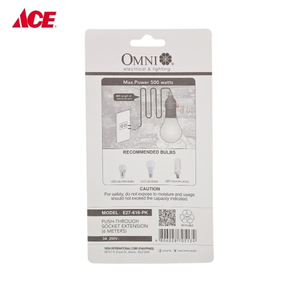OMNI Push Through Socket Extension Cord 6M E27-616