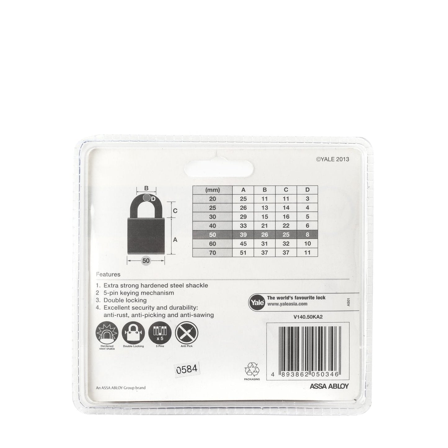 YALE 2Pcs. 50mm Solid Brass Padlock with 3Pcs. Key