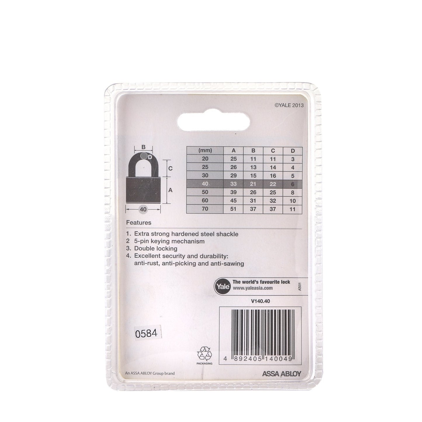 YALE 40mm Hardened Brass Padlock (V140.40)