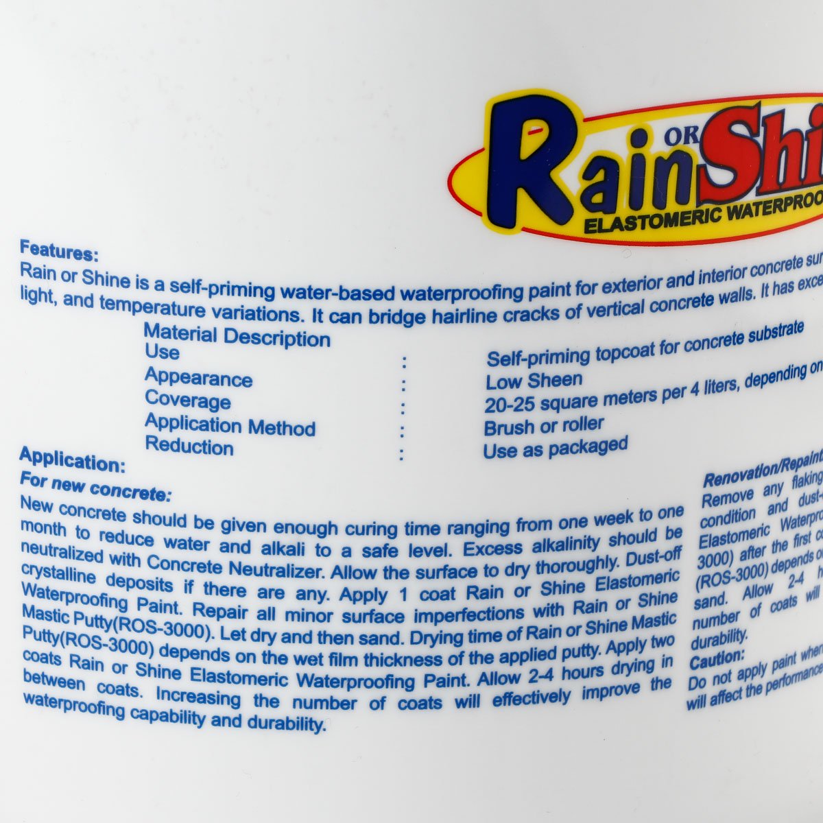 RAIN OR SHINE 4L Elastomeric Waterproofing Paint - Glossy White (ROS-810)