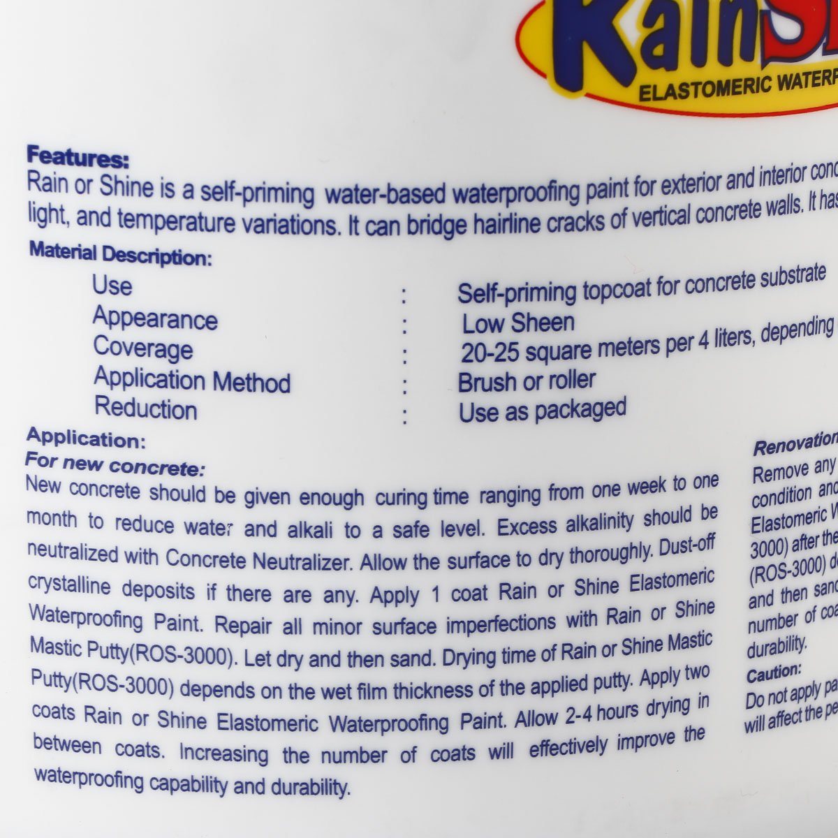RAIN OR SHINE 4L Elastomeric Waterproofing Paint - White (ROS-100)