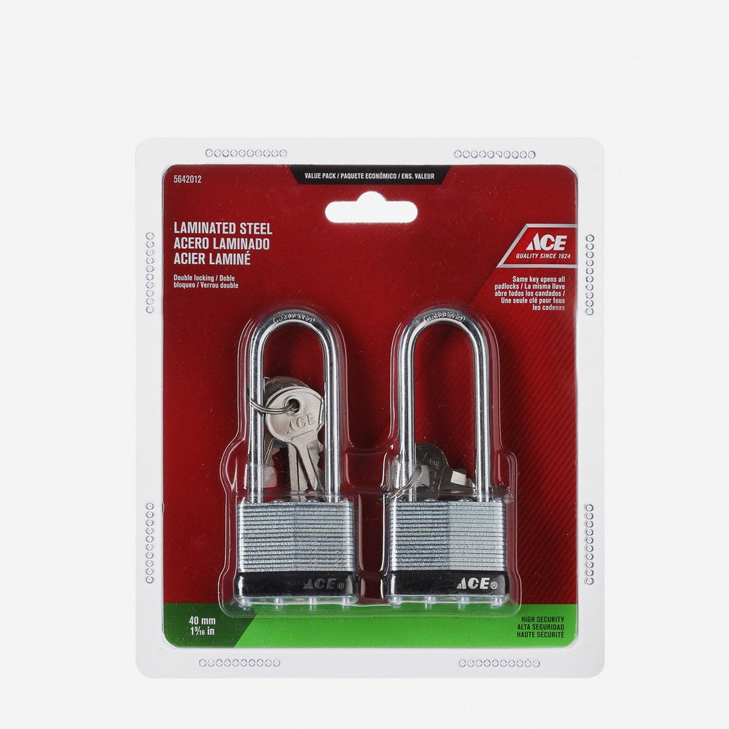 ACE 50mm Laminated Steel Long Shackle Padlock -2 Pack