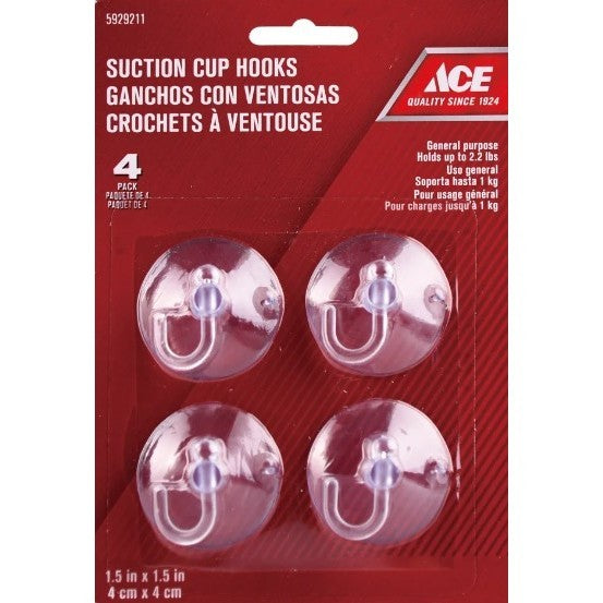 ACE 1kg 4cm Suction Cup Hooks Clear - 4pcs