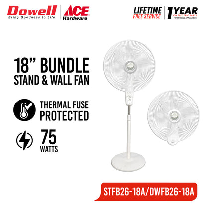 DOWELL 18" Stand Fan and 16" Wall Fan (STFB26-18A + DWFB26-18A) BUNDLE of 2