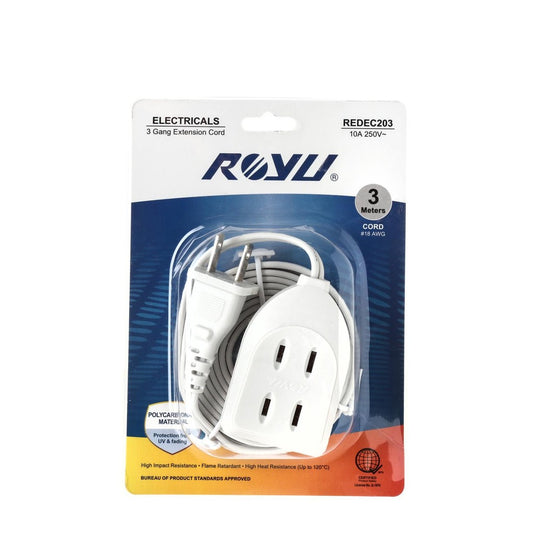 ROYU 3-Gang Flat Pin Outlet Extension Cord (REDEC203)