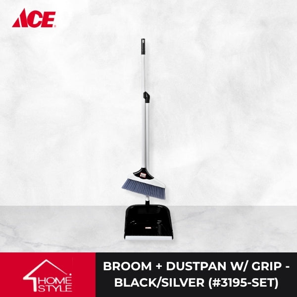HOMESTYLE Big Broom and Dustpan with Grip -  Black/Silver (3195-SET)