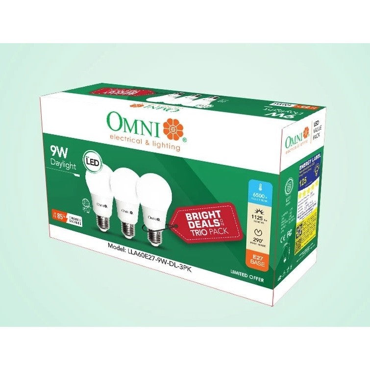 OMNI LED Lite A60 Bulb E27 9W Daylight 3-Value Pack LLA60E27-9W-DL-3PK