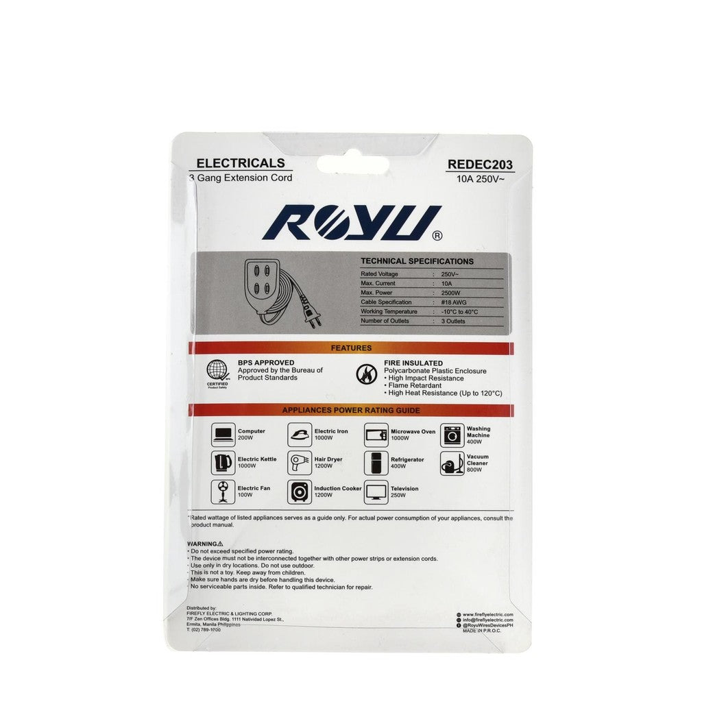 ROYU 3-Gang Flat Pin Outlet Extension Cord (REDEC203)