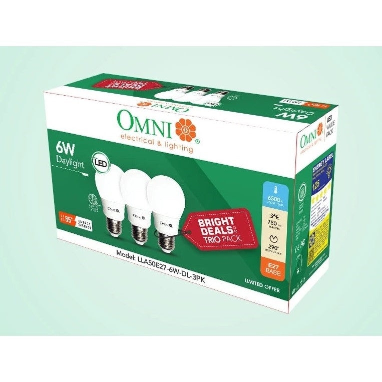 OMNI LED Lite A50 Bulb E27 6W Daylight 3-Value Pack LLA50E27-6W-DL-3PK