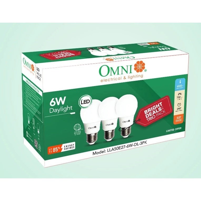 OMNI LED Lite A50 Bulb E27 6W Daylight 3-Value Pack LLA50E27-6W-DL-3PK