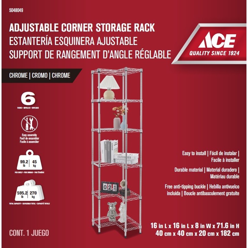 ACE 16x16x8x72" Adjustable Chrome L-Corner Shelving