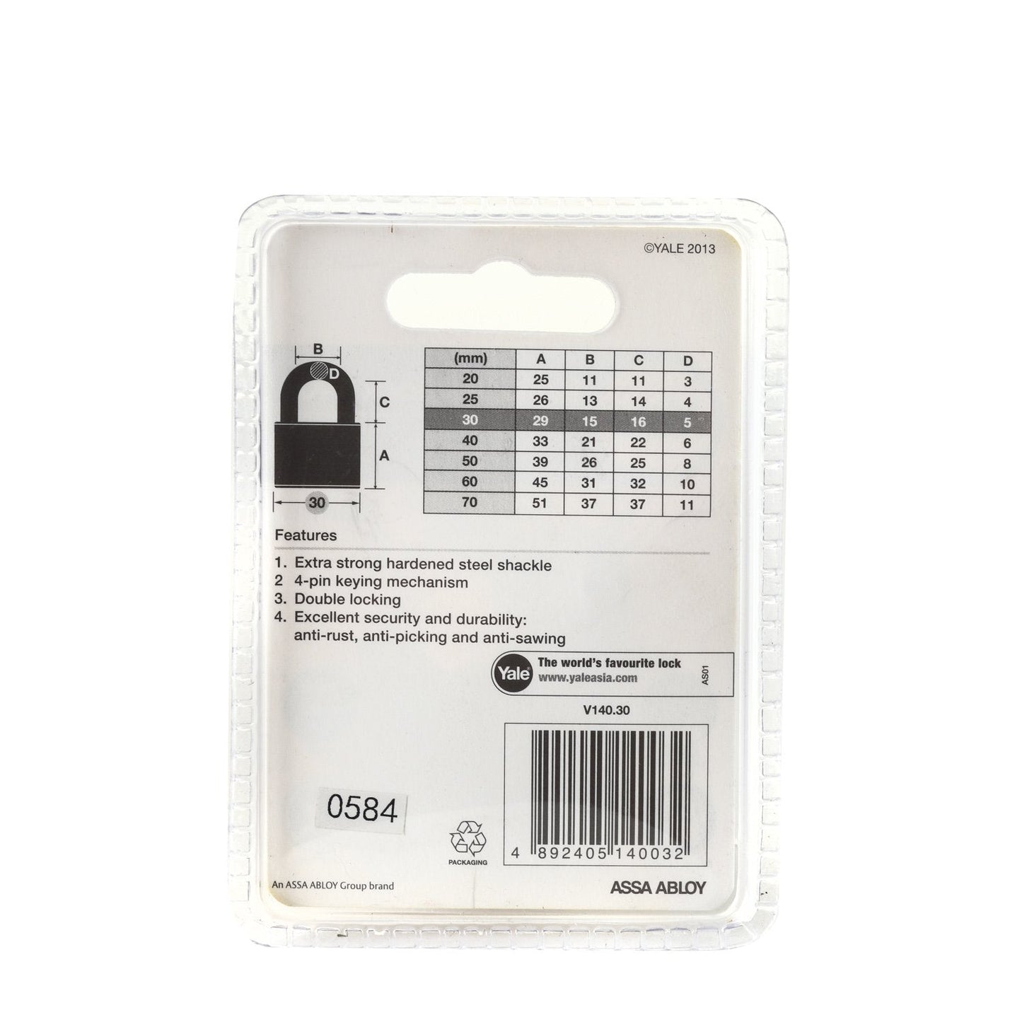 YALE 30mm Brass Padlock