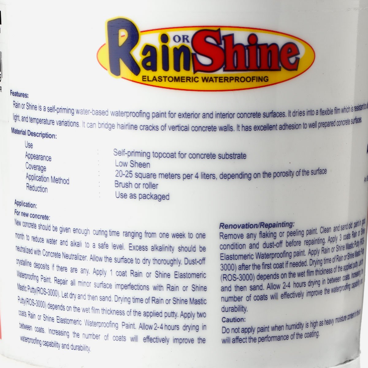 RAIN OR SHINE 1L Elastomeric Waterproofing Paint - White (ROS-100)