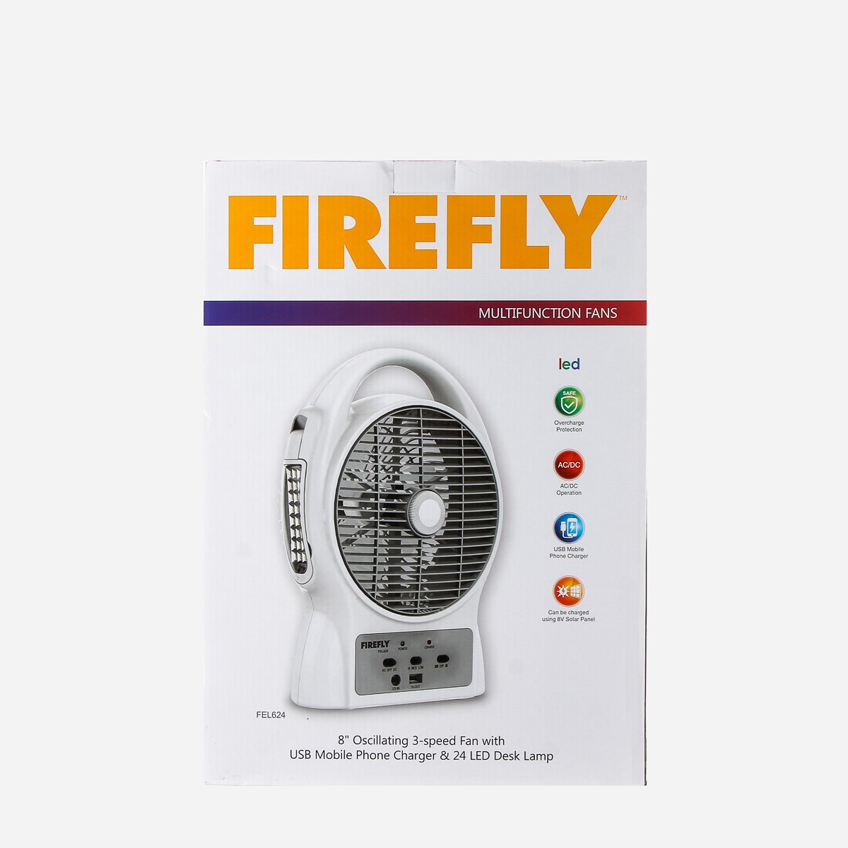 FIREFLY 8" Oscillating 3-Speed Fan with USB Mobile Phone Charger & 24 LED Desk Lamp