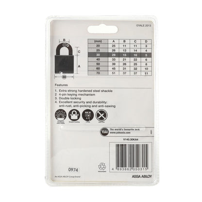 YALE 30mm Solid Brass Padlock with 4Pcs. Key