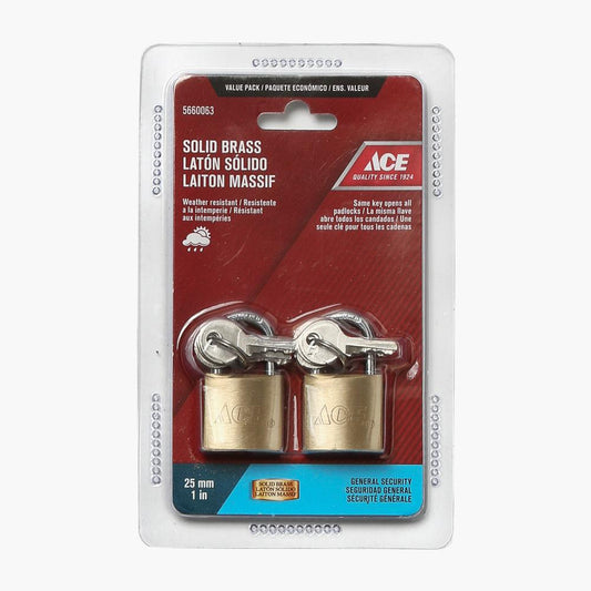 ACE 25mm Solid Brass Padlock - 2pk.