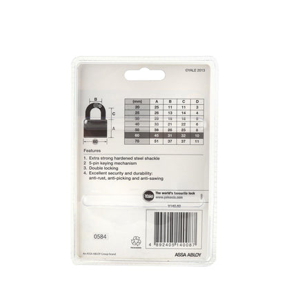 YALE 60mm Solid Brass Padlock with Keys