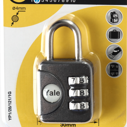 YALE 30mm 3-Digit Combination Travel Luggage Padluck- Gray