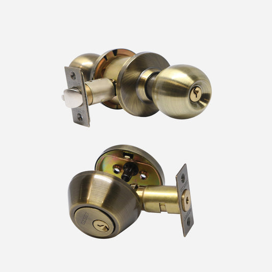 EZSET Combo Pack Antique Brass Entrance Doorknob and Deadbolt Lock Set
