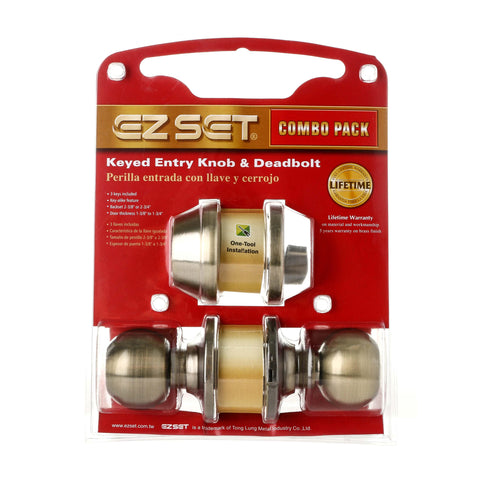 EZ-set Combo Pack Antique Brass Entrance Doorknob and Deadbolt Lock Set