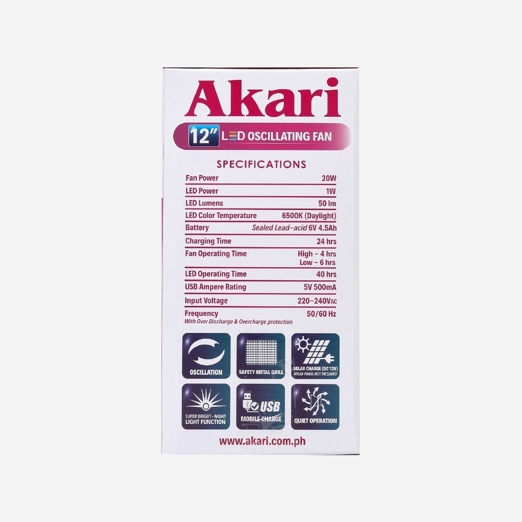Akari 12IN LED Rechargeable Oscillating Floor Fan ARF-5313F