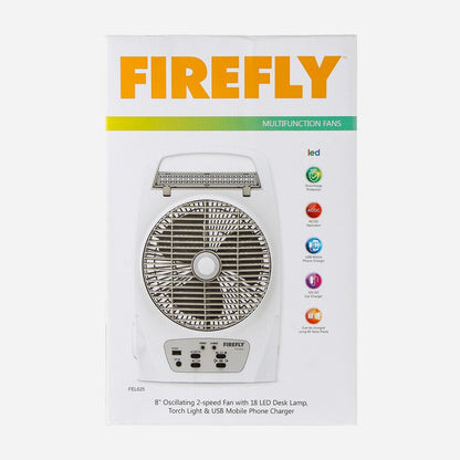 Firefly 8" Oscillating 2- Speed Fan with 18 LED Desk Lamp, Torch Light & USB Mobile Phone Charger